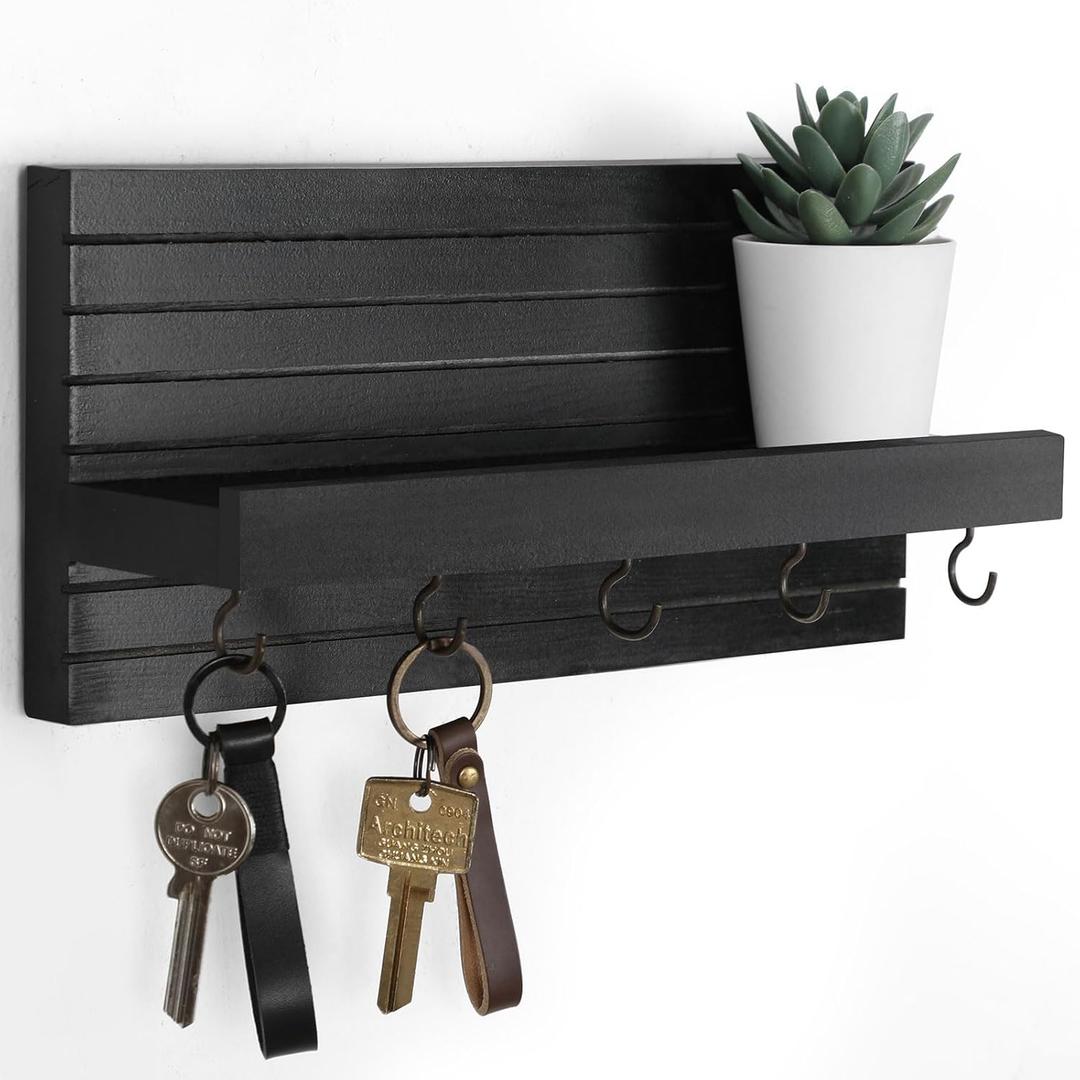Lwenki Decorative Key Holder for Wall with Shelf, Entryway Shelf with Hooks Holds Leashes, Jackets and Glasses  Sturdy Wood Keyholder Entrance Hanger with Mounting Hardware (Black, Medium)