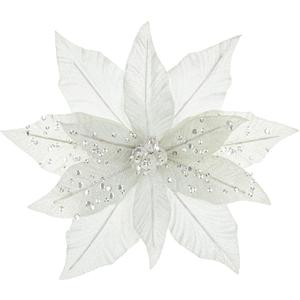 Briful 11'' Large Heads Christmas Glitter Poinsettia Flowers Christmas Ornaments Set of 4 Artificial Flowers with Long Picks Stems for Xmas Tree Party DIY Holiday Decorations, White