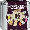 Queensell Mexican Train Dominoes Set Double 15 for Adults and Family, Mexican Train Double 15 Dominoes Set Colored Dot - 136 Tiles, 9 Trains, Wooden Hub, Aluminum Case (Double 15)
