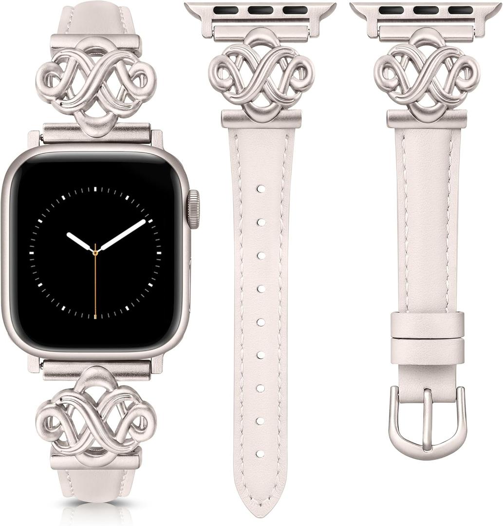 Wearlizer Slim Leather Band Compatible with Apple Watch Bands Women 38/40/41/42/44/45/46/49mm, Fancy Dressy Designer Thin Strap with Celtic Knot for iWatch Series 11 10 9 8 7 6 5 4 3 SE/Ultra 3 2 1 (Starlight)