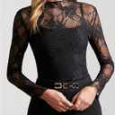 SOLY HUX Women's Floral Lace Mesh Tops Mock Neck Long Sleeve Shirts Slim Fitted Going Out T-Shirt (Black, S)