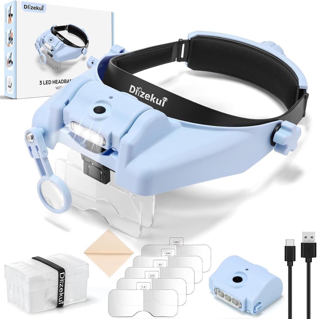 Magnifying Glass with Light, Magnifying Glasses for Close Work 1X-14X, Magnifier Headset with 2pcs Detachable Lights,Upgraded USB C Charge Built-in 500mAh Suit for Crafts Hobbies Cross Stitch