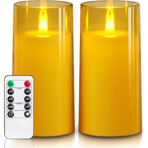 Homemory Realistic Flickering Flameless Candles, Battery Operated Candles, LED Fake Electric Candle with Remote Control and Timer for Home, Christmas Decoration, Gold, Set of 2 (H 6" 6")