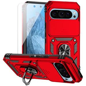 for Google Pixel 9 / Pixel 9 Pro Case with Camera Lens Cover HD Screen Protector, Dual Layer Military-Grade Drop Tested Magnetic Ring Holder Kickstand Protective Phone Case for Pixel 9/9 Pro (Red)