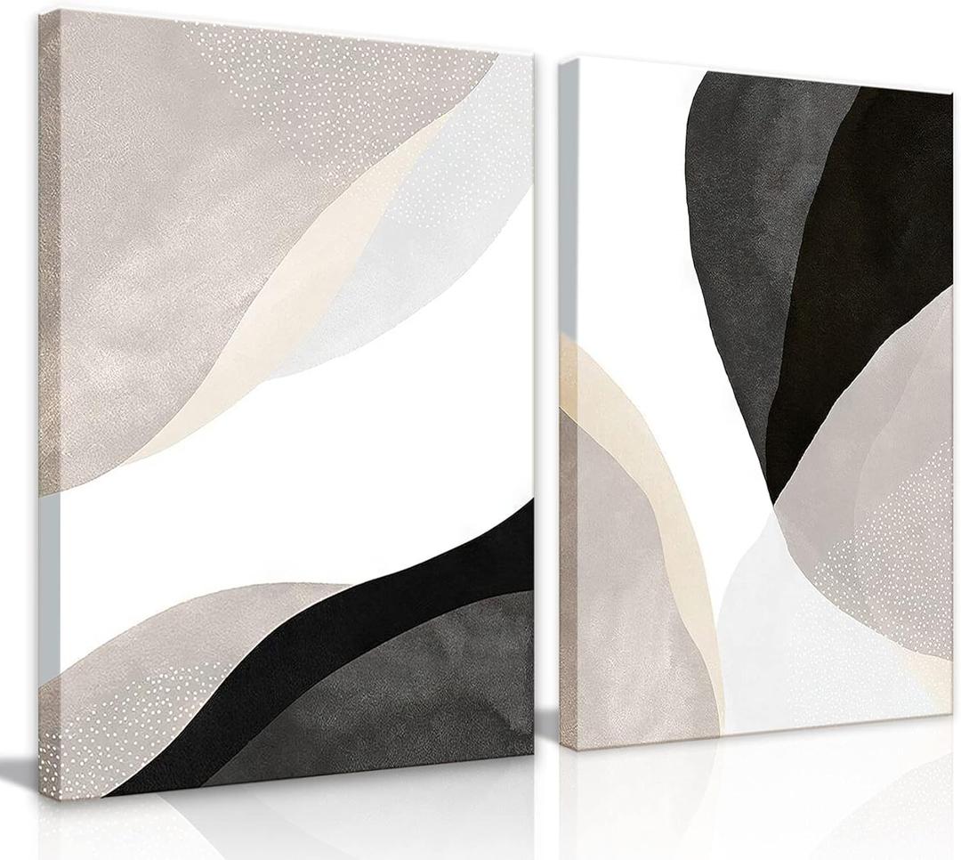 Modern Boho Canvas Wall Art Set of 2 - Minimalist Abstract Beige Black and White Neutral Textured Wall Art for Living Room, Dining Room, Office, Bathroom, Bedroom - Framed 12x16 in (12x16 inch, Black White Beige)