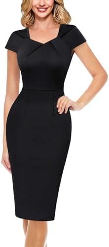 VFSHOW Womens Pleated Asymmetric Neck Office Business Work Church Slim Fit Knee Length Bodycon Pencil Dress, 3XL