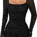 Womens Summer Dresses 2026 Loose Sequin Pleated Square Neck Long Sleeve Mini Dress, Size Small