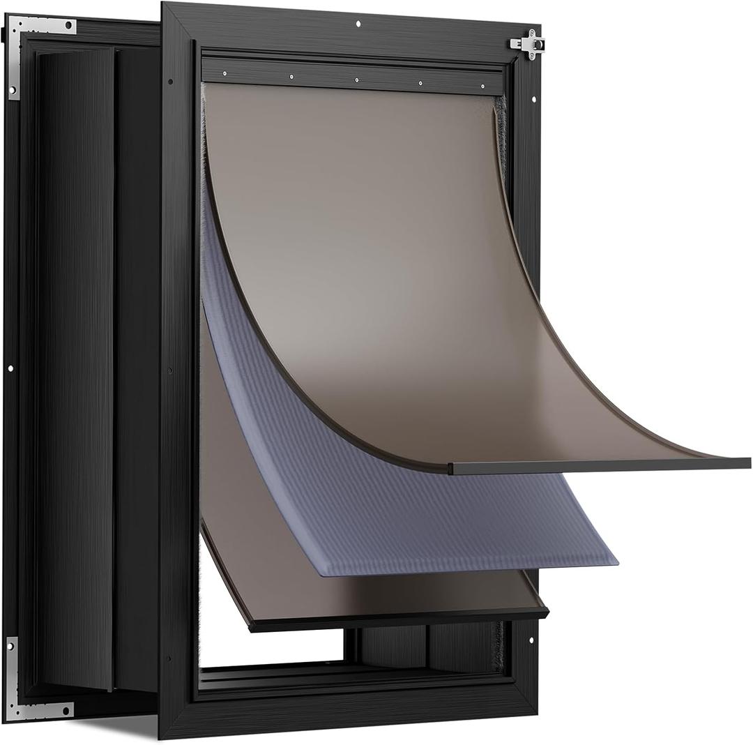 3-Flap Dog Door for Wall, All Aluminum Doggie Door Pets Up 220LB | Magnetic, Dual Locks, Closing Panel, Adjustable Tunnel, Strong Seal, Insulation Flap, Rust Proof, Easy Install, Heavy Duty