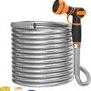 Giraffe Tools Garden Hose 100ft x 3/4", 304 Stainless Steel Metal Water Hose, No Kink Garden Water Hose with 9 Pattern Spray Nozzle, Flexible, Lightweight, Kink Free Hose for Yard, Outdoor