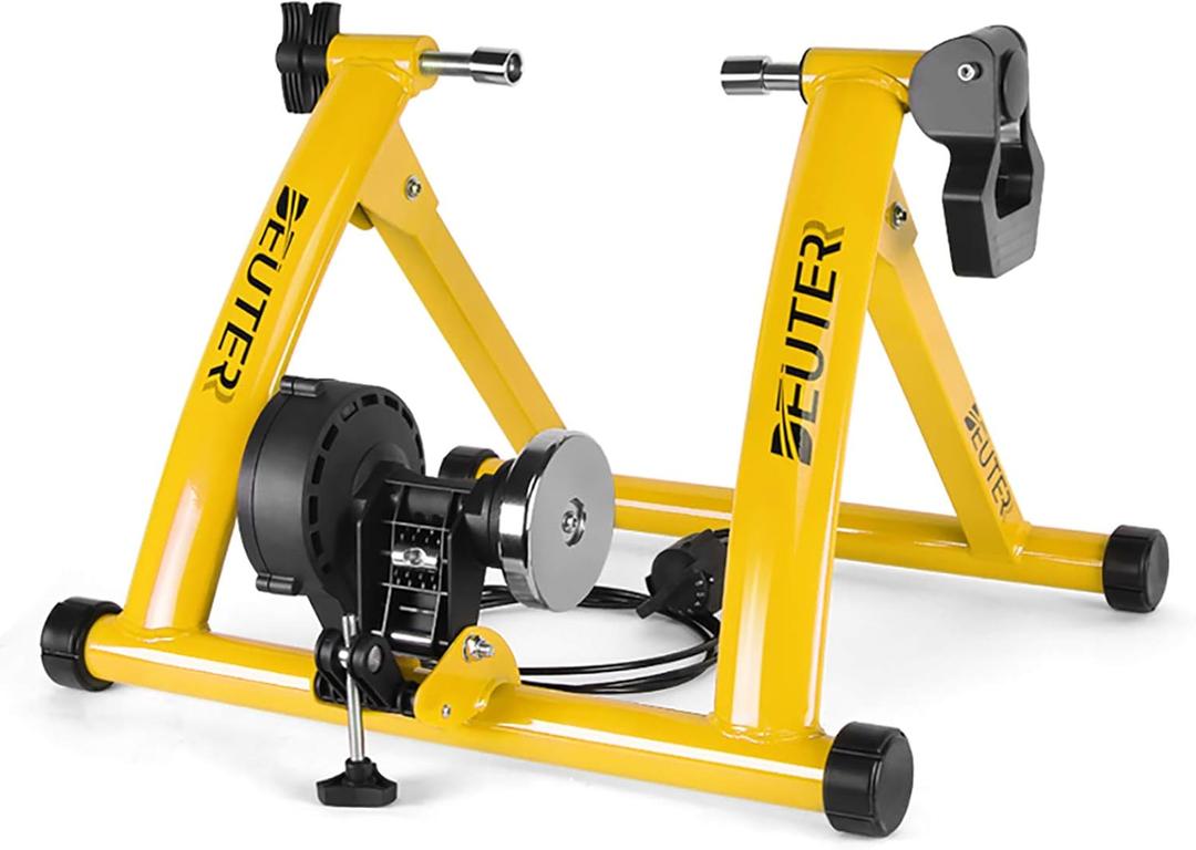Bike Trainer, Magnetic Bicycle Stationary Stand for Indoor Exercise Riding, 26-29" & 700C Wheels, Quick Release Skewer & Front Wheel Riser Block Included (YELLOW)
