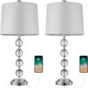 BOBOMOMO Modern Crystal USB Table Lamps Set of 2 for Living Room Nightstand Bedroom 25" Bedside Desk Lamp Silver Shade