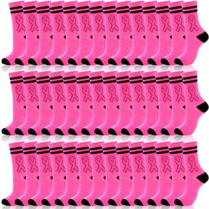 60 Pairs Breast Cancer Awareness Socks Bulk Pink Ribbon Middle Tube Football Socks for Events Youth Adult(Black,Pink)