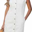 GRAPENT Denim Dress for Women Stretchy Cap Sleeve Button Down Casual Collared Above Knee Short Jean Dresses with Pockets, Small