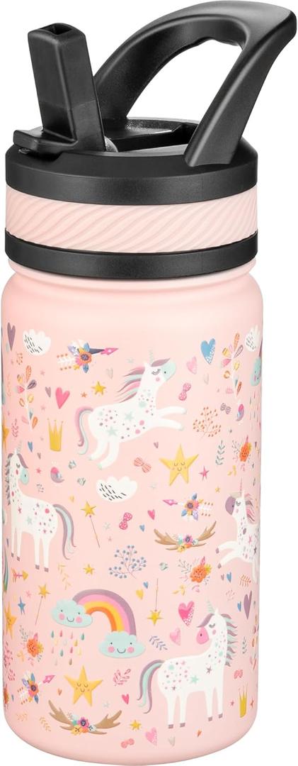 Fanhaw 14 Oz Kids Insulated Water Bottle with Straw - Stainless Steel Double Wall Vacuum Cup, Leakproof, BPA Free, Suitable for Boys and Girls(Pink - Unicorn Fields)