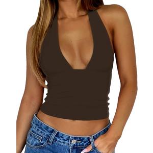ForeFair Women's Sexy Halter Neck Backless Tank Top Deep V Neck Sleeveless Open Back Y2K Slim Fit Summer Crop Tops (Brown, M)