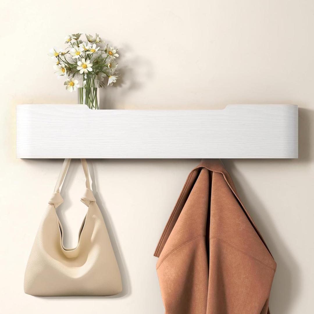 Wall Mounted Coat Rack with Shelf, Wooden Entryway Organizer with Hidden Metal Hooks for Hanging Coats Bags Keys, Modern Floating Shelf for Hallway Bathroom