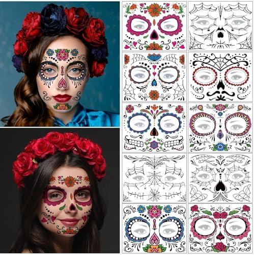 Day of the Dead Face Tattoos 10 Sheets - Halloween Temporary Tattoos Sticker Kit Día de Los Muertos Glitter Red Roses Skeleton Sugar Skull Fake Tattoo for Halloween Makeup on Face Body
