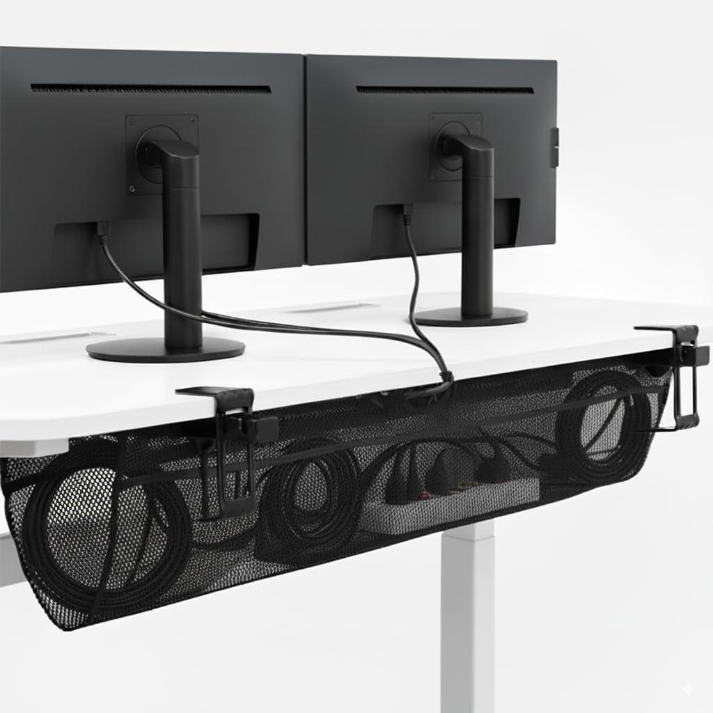 VIVO No Drill Clamp-on 44-inch Mesh Net Under Desk Cable Management Wire Organizer, Adjustable Home Office Standing Desk Cord Storage Sleeve, Black, DESK-AC44MH