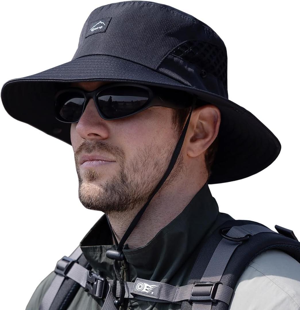 Fishing Hat, UPF50+ Wide Brim Sun Hat for Men Women, UV Protection Hiking Beach Bucket Hats Summer Safari Hat (Black)