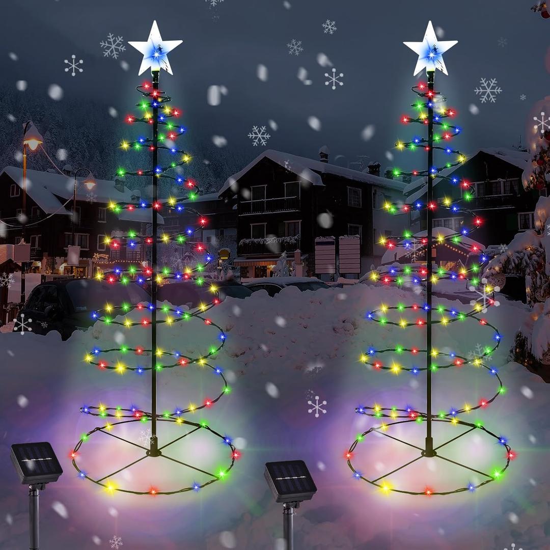 Outdoor Christmas Decorations, 2 Pack 29'' Spiral Solar Christmas Tree Lights, 8 Modes Solar Pathway Lights, Waterproof Light up Pre Lit Xmas Tree for Garden Patio Yard Walkway Driveway Multicolor