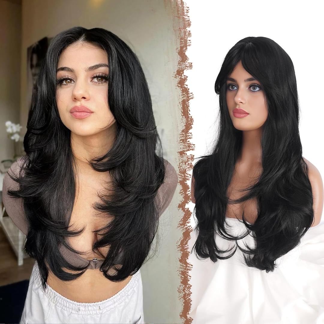 FESHFEN Black Wig for Women, Long Layered Wigs with Bangs Natural Looking Synthetic Heat Resistant Hair Wig for Daily Use Party, 26 inch