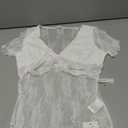 CSDAJIO Women's Deep V Neck Lace Top Short Sleeve Sexy See Through Top Tie Back Fitted T Shirt White Large