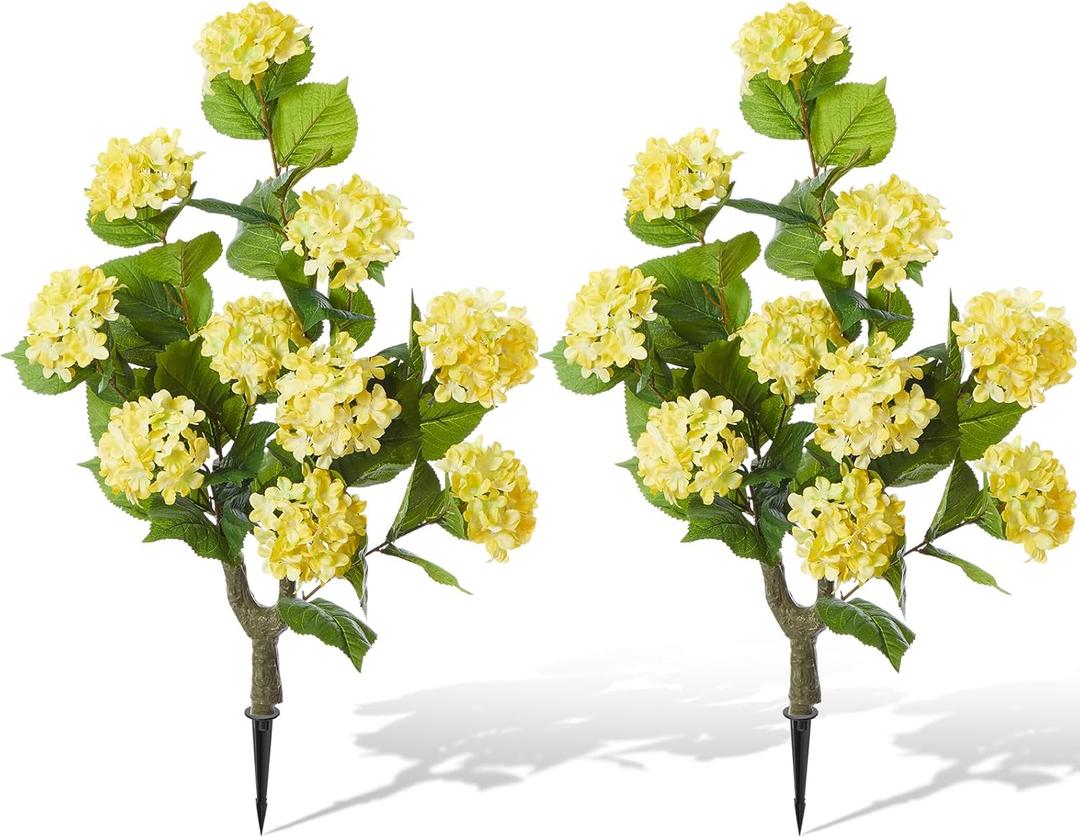 2 Pack 36 Artificial Hydrangea Trees Real to Touch Faux Hydrangea Bushes Plants with Stakes for Wedding Spring Home Office Living Room Housewarming Gift(Light Yellow)