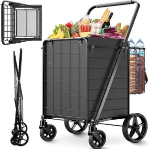 Folding Shopping Cart for Groceries,360 lbs Capacity Grocery Cart with Waterproof Liner and 360 Swiveling Wheels Collapsible Shopping Carts with Double Basket for Condo Laundry Transport Trip (Jumbo)