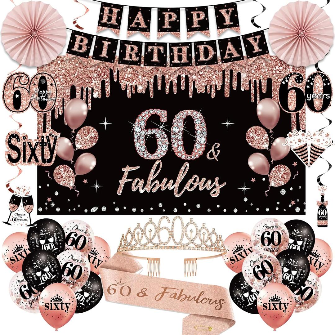 60th Birthday Decorations for Women, 33pcs Black Rose Gold Happy 60th Birthday Banner Crown and Sash Balloons Backdrop Hanging Swirls Paper Fans, 60 Years Old Party Supplies Kit