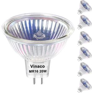 Vinaco MR16 Halogen Bulb 6 Pack, 20W 12V, 3000Hrs, Warm White, Dimmable, GU5.3 Base, Landscape & Track Lights