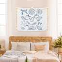 AQYIP Coquette Blue Bow Seashell Ocean Beach Tapestry Wall Hanging, Preppy Beach Tapestry Decorative, Blue Coastal Wall Blanket Decor for Girls Room Dorm Apartment Bedroom, 50x60 Inch