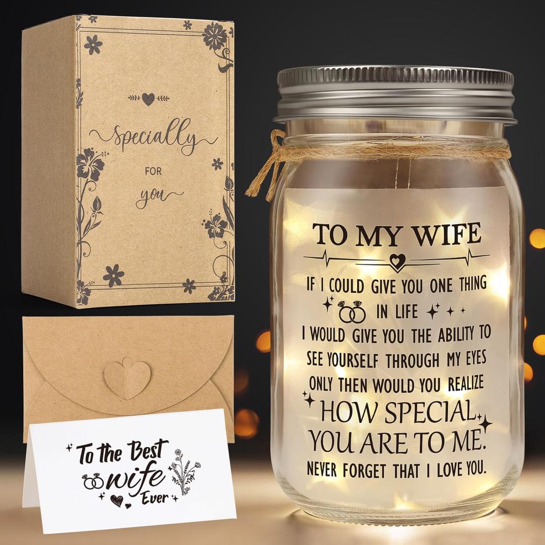 Mason Jar Night Light Wife Gifts for Women Best Wife Ever Gifts, Mason Jar Night Light Wife Birthday Gifts for Newlywed Wife Thanksgiving Christmas Mothers Day