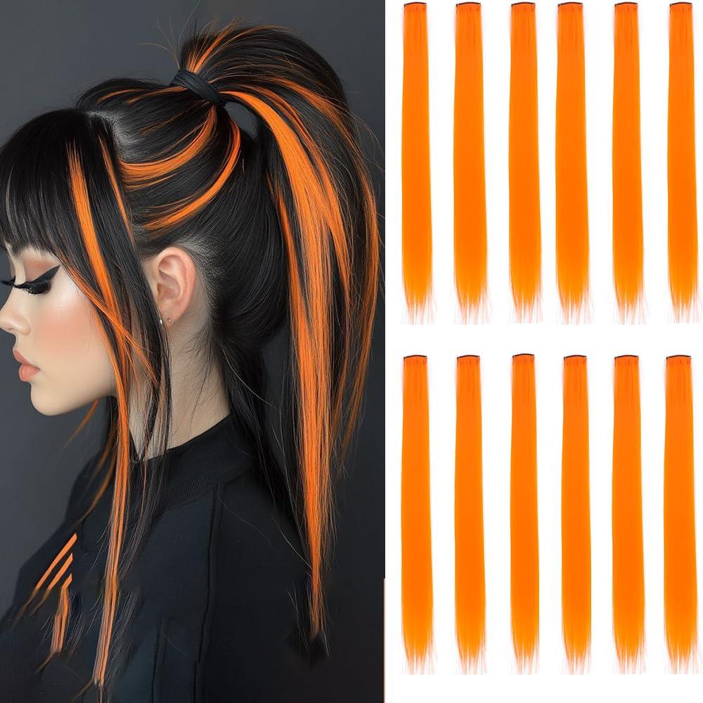 12 Pcs Orange hair extensions 22 Inch Straight colored hair colorful clip in extensions Highlight Party for Kids Girls and Women Gift(Orange,04)
