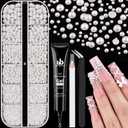 Flatback Pearls for Nail Art with Rhinestones Glue Gel, Half Round Nail White Pearls with Pickup Pencil and Tweezers, Pearls Nail Charms Accessories for Acrylics Manicure Face Hair Crafts Decor