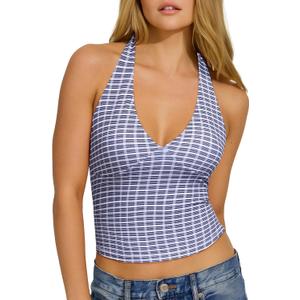 OMKAGI Womens Tank Tops Sexy Halter V Neck Going Out Tops Sleeveless Y2K Crop Top (L)