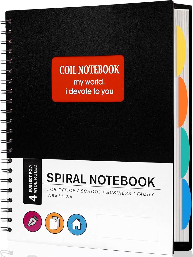 Yoment Spiral Notebook 8.5'' x 11'' Wide Ruled 5 Subject Notebooks with Dividers Tabs for Work Wide Ruled 240 Pages Lined Journal Multi Subject Notebook for Note Taking, Back to School, Gifts, Black (A4, 7.softcover-black)