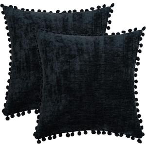 HWY 50 Decorative Throw Pillow Covers Set Cushion Cases with Pom Poms Pack of 2 Chenille Soft Solid Pillowcase for Couch Sofa Bed Living Room 18x18 Inch Black