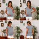 Maternity Shirts 3 Packs Flying Short Sleeve Pregnancy Tops V Neck Side Ruched Tees (Medium, Wine Red / Grey / Caramel)