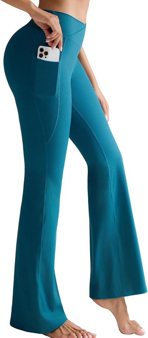 RUNNING GIRL Womens Ribbed V Crossover High Waist Yoga Pants Flare Leggings for Women with Side Pockets (XL)
