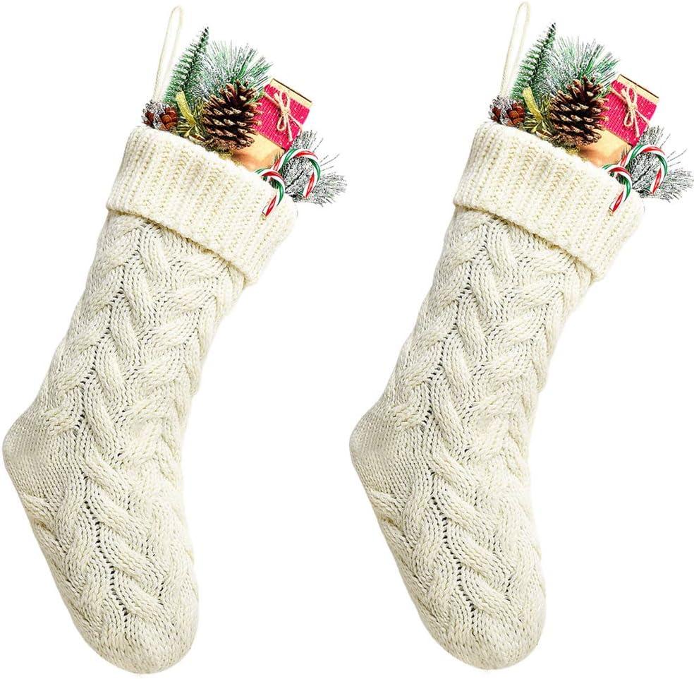 Pack 2,18" Unique Ivory White Knit Christmas Stockings Style3