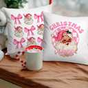 Coquette Pink Bow Christmas Pillow Covers - 18x18, Vintage Santa Decor for Living Room, Bedroom, Office - Set of 2