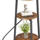 Homeiju Round End Table with Charging Station, 3-Tier Small Bedside Table with Metal Frame, Nightstand with USB Ports & Power Outlets for Small Space in Living Room, Bedroom, Rustic Brown