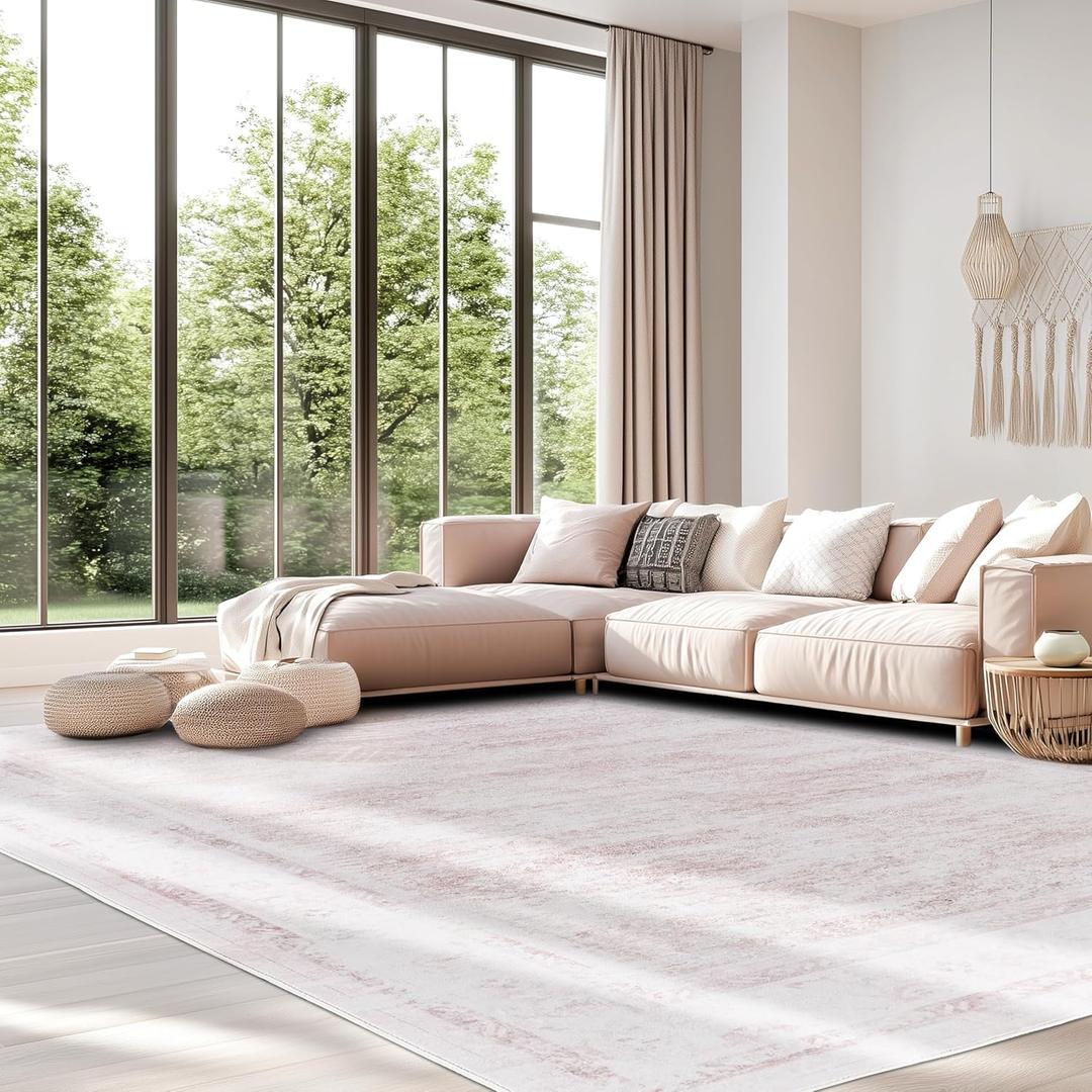 9x12 ft Area Rug Pink  Boho Indoor Rug, Machine Washable, Low Pile, Non-Slip, Large Rug for Bedroom, Living Room, Dining Room