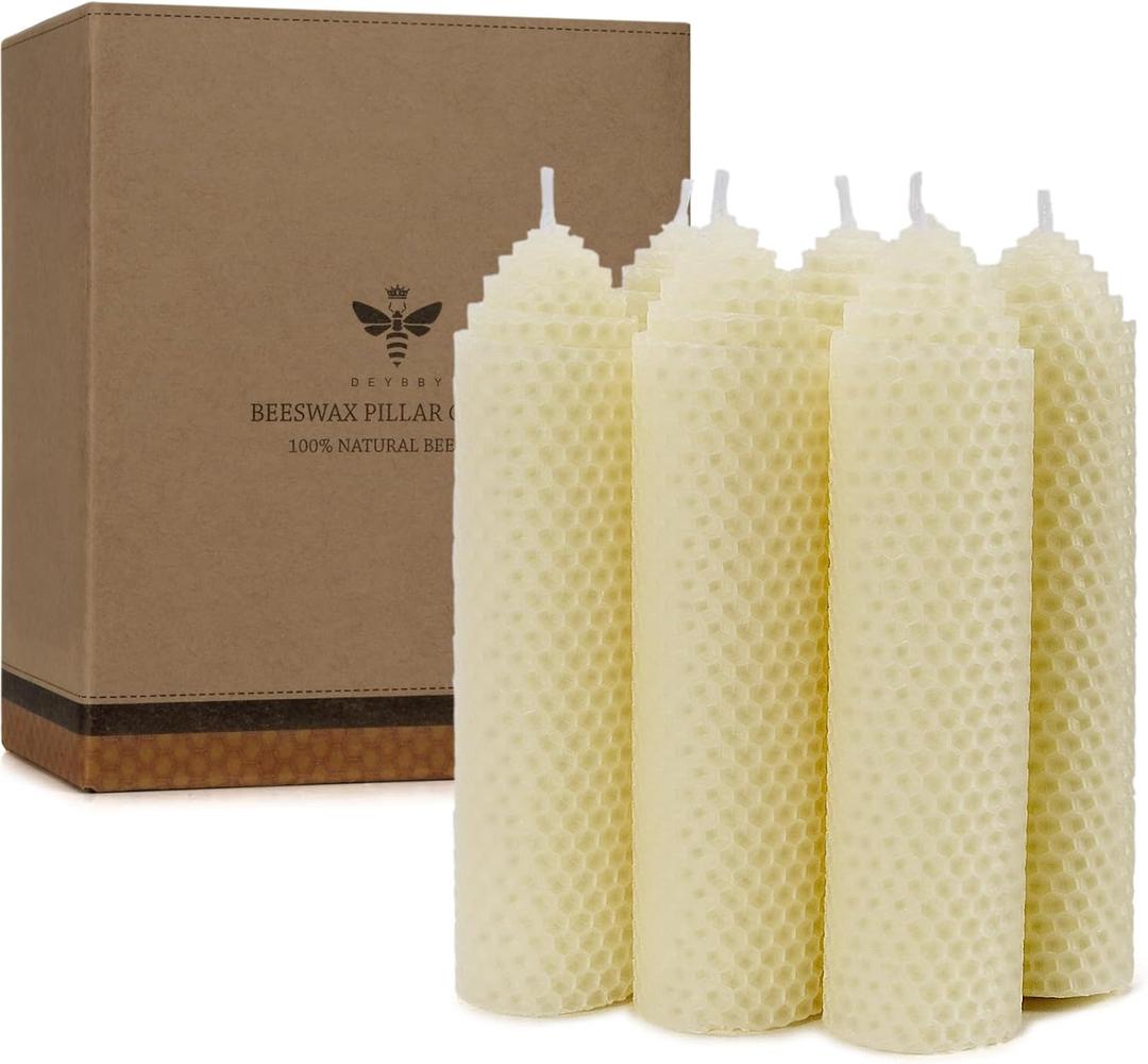 White Beeswax Pillar Candles Set of 6 - Handmade Pure Beeswax Rolled Candles for Gift & Home Decor (1.56 in)