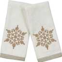 Serafina Home Holiday Bathroom Fingertip Towels  Set of 2 White 100% Cotton Embroidered Gold Snowflake Design  18x12 Decorative Bath & Kitchen Towels