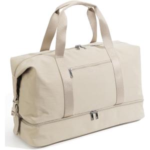 Oeihuivt Weekender Bags for Women - 21 Inch Large Travel Duffel Bag 2-Piece Set with Shoe Compartment, Heavy-Duty Canvas Leather Carry On Overnight Tote (Beige-1A)