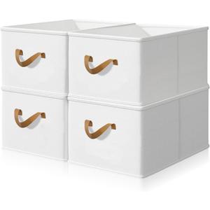 Crenailro Closet Storage Bins, Open Front Fabric Closet Organizer for Closet Shelves, Stackable & Foldable Clothing Storage Boxes with Handles, 18.5" 11" 7.9", 4 Pack (Linen)