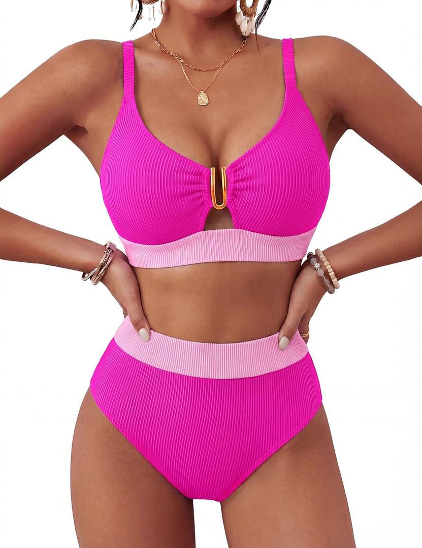 BMJL Womens Swimsuits Color Block Tummy Control Bathing Suit Textured Beach Vacation 2 Piece Swim Suits for Women 2026(S,Hot Pink)