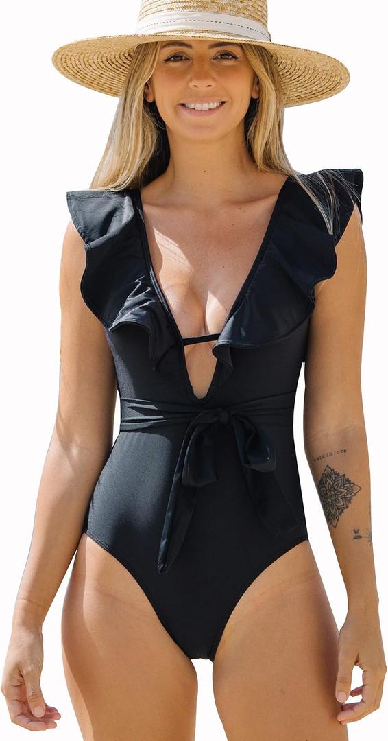 Sporlike Women One Piece Swimsuit V-Neck Ruffle Bathing Suit Padded Monokini(19592D7, Large) Black