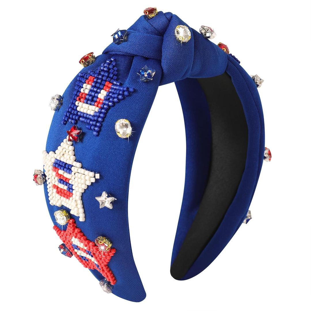 4th of July USA Beaded Headbands for Women Girls Red White Blue American Flag Headband Knotted Crystal Pearl Patriotic Hairband American Fourth of July Accessories Gifts